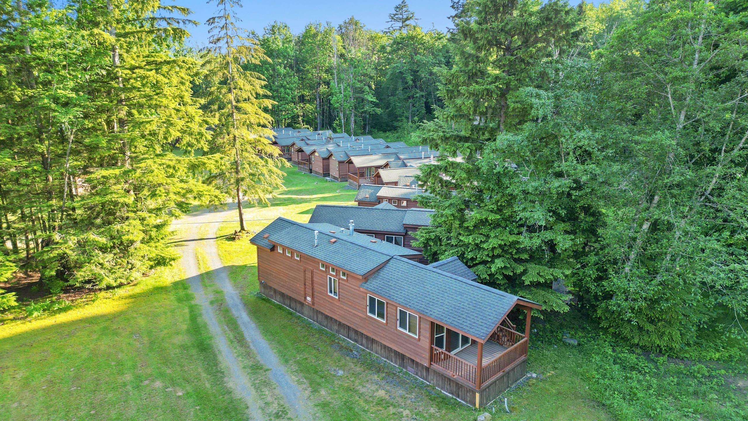 Aerial view of the resort cabins winding along a forest road