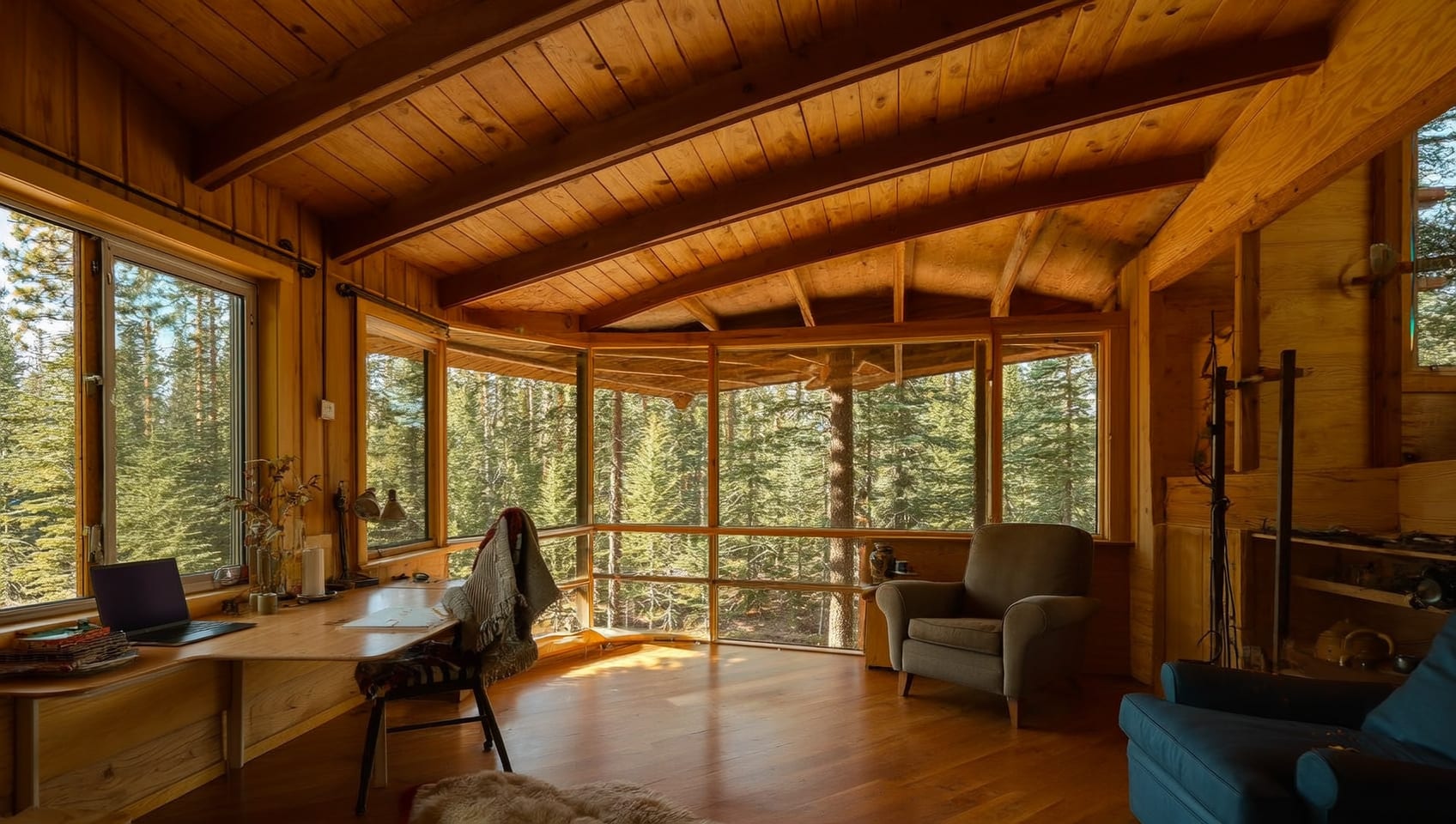 Bright cabin living space with a work desk and laptop by a forest-view window