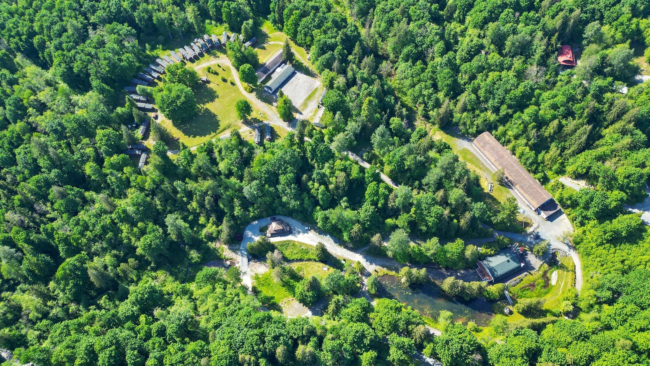 Aerial view of a cluster of cedar cabins tucked into dense forest