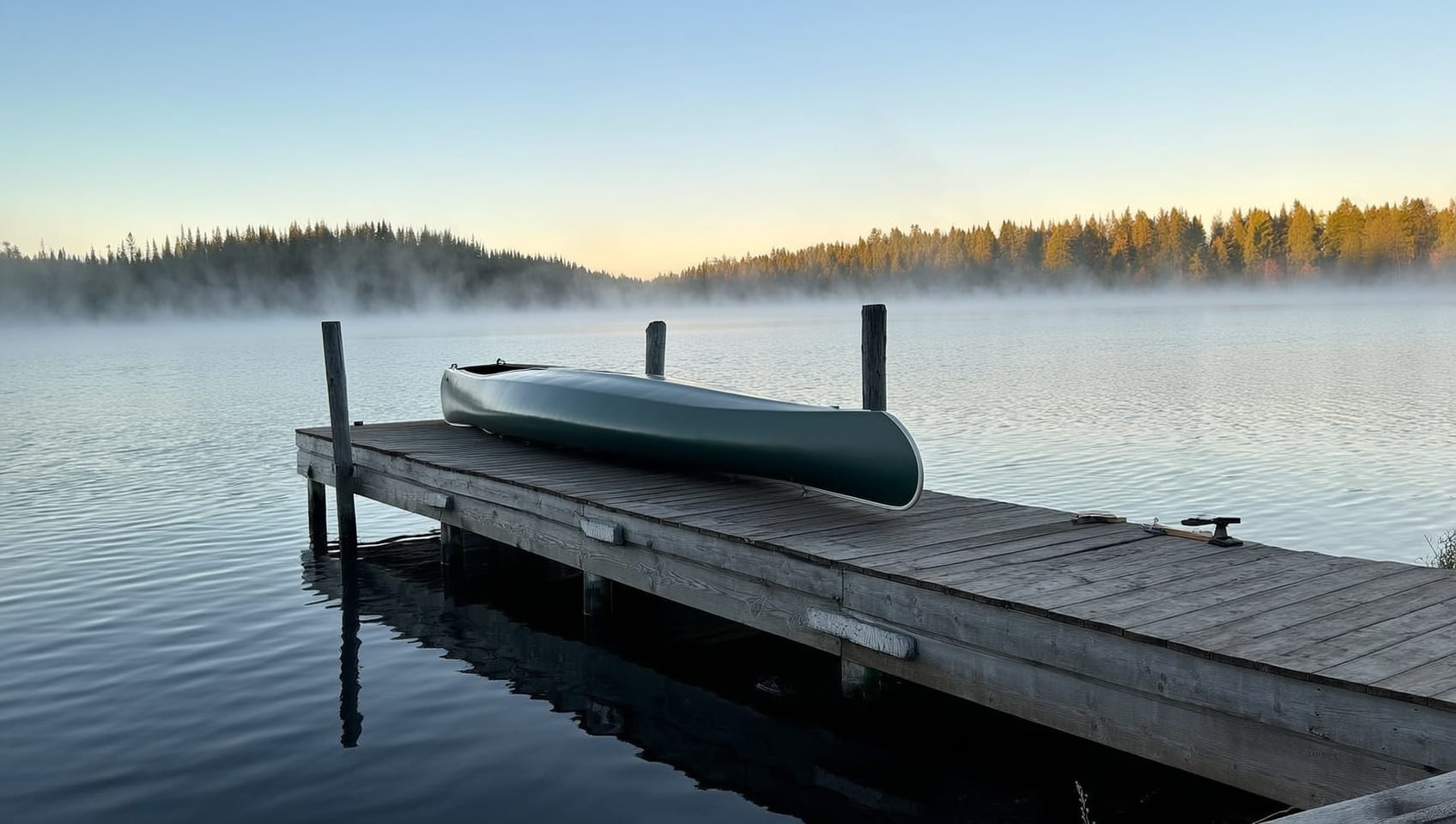 A wooden dock and canoe on a still lake at dawn, mist rising over the treeline
