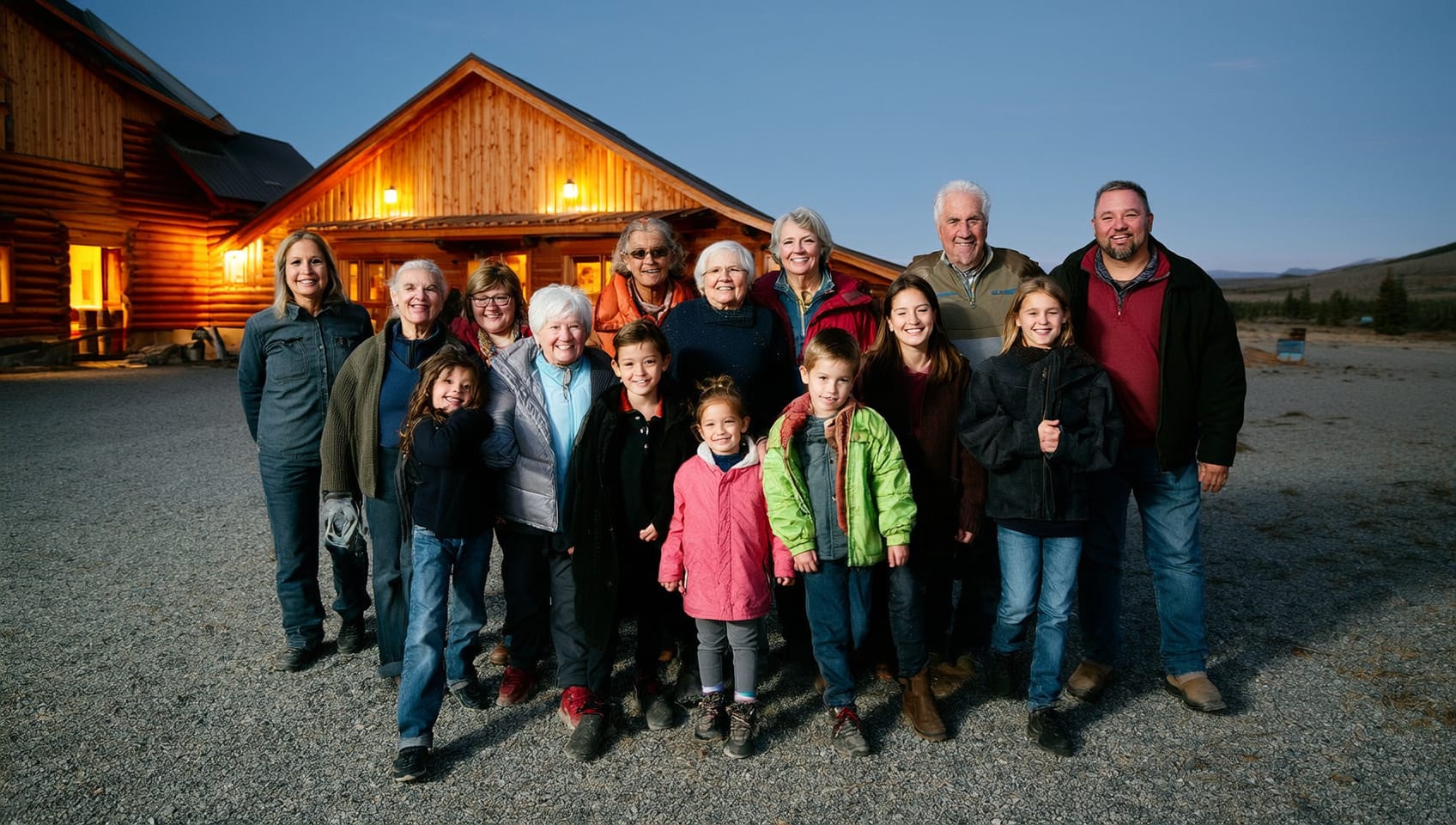 Family arriving at a cedar cabin, greeted at the forested resort entrance