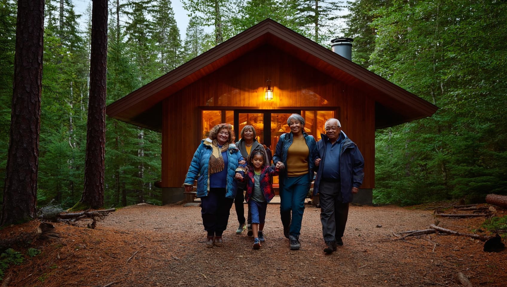 A multigenerational family walking up to a warmly lit cedar cabin in the forest at dusk
