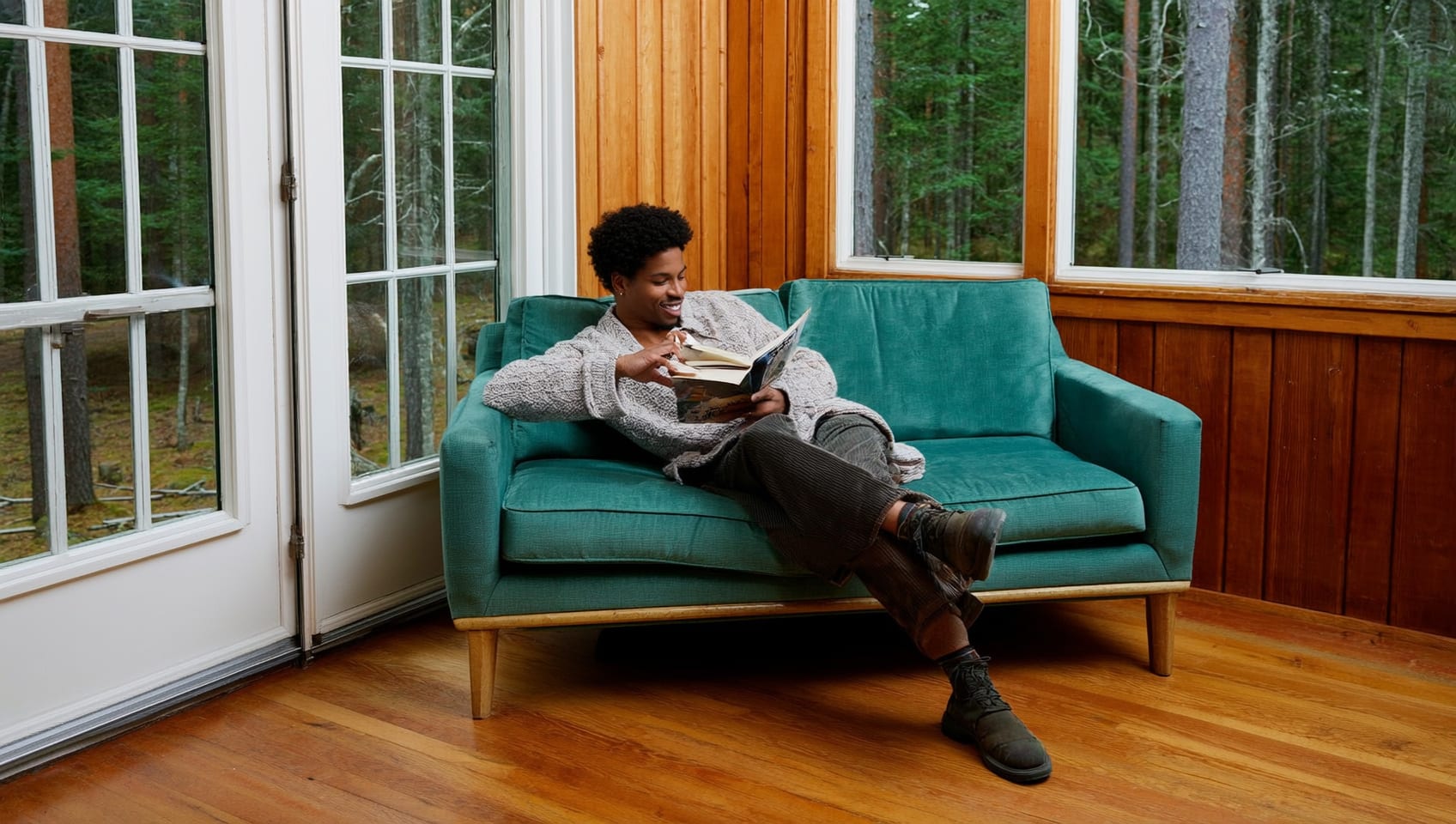 A guest reading on a cabin sofa near french doors with forest views