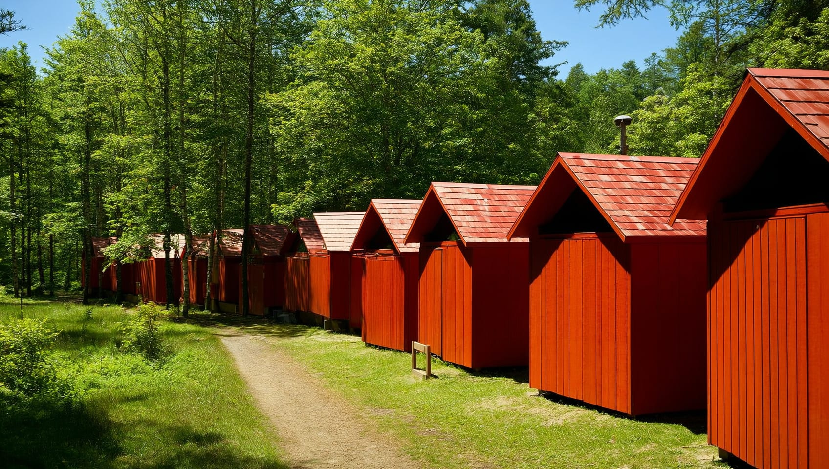 Row of cedar cabins along the treeline on a sunny day