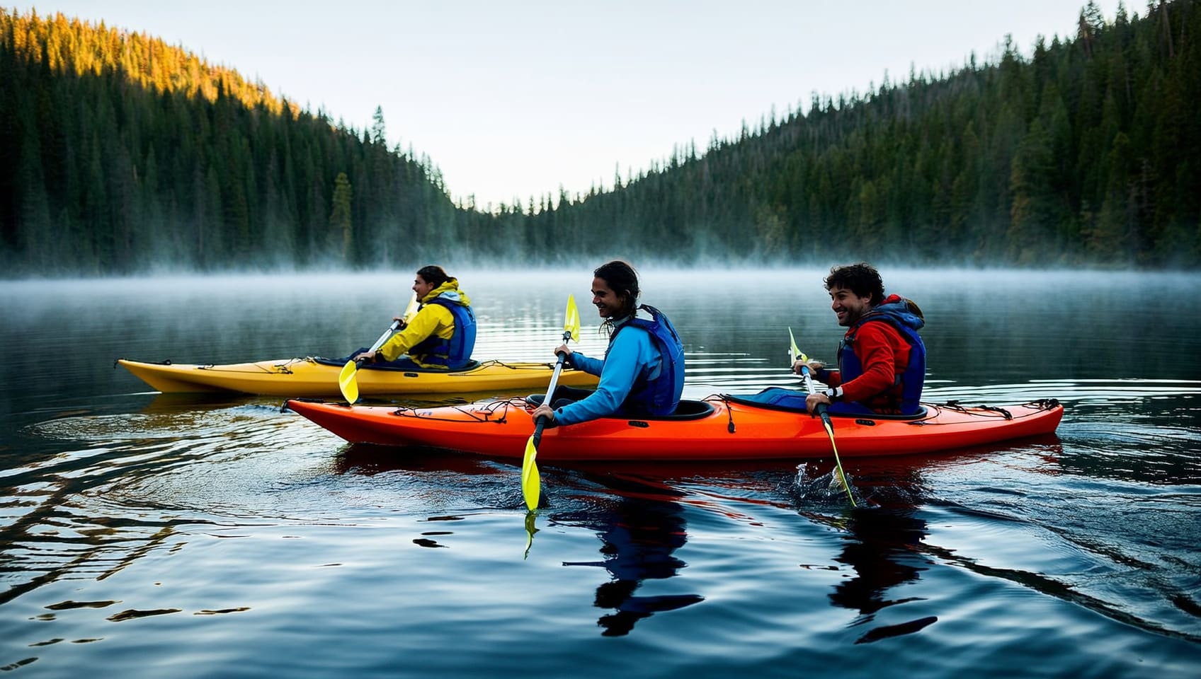 Three guests kayaking across a misty lake at dawn, framed by forested hills