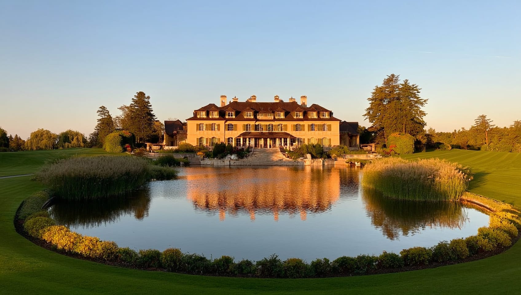 The resort lodge reflected in a calm pond on a sunny day