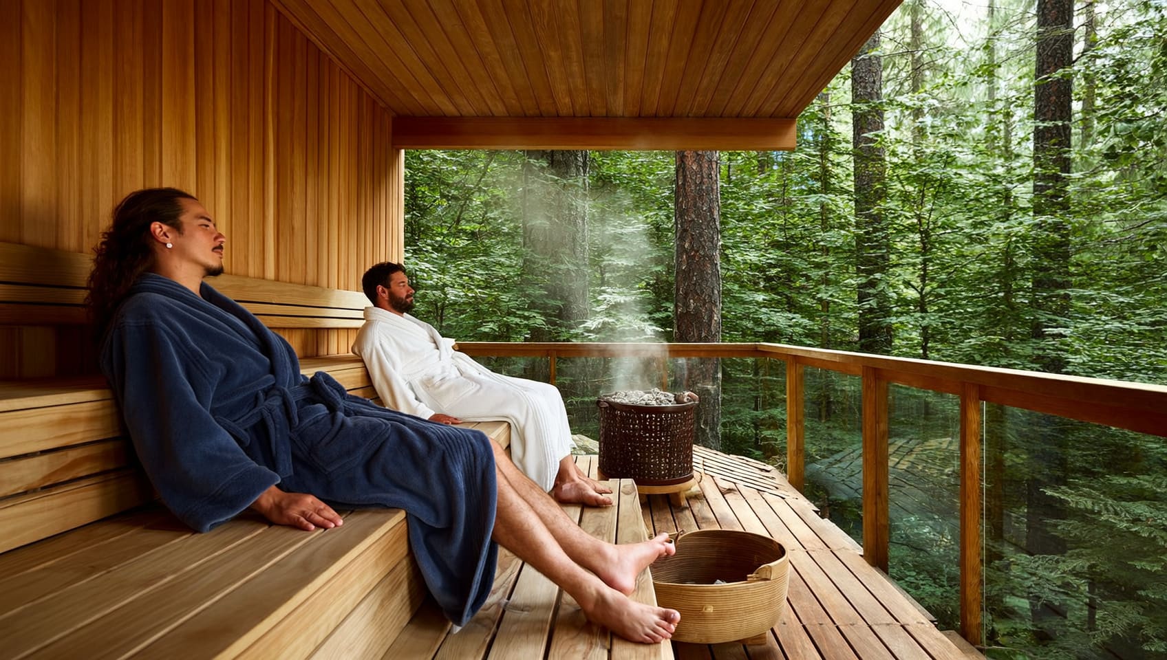 Two guests in robes relaxing on a cedar sauna deck overlooking the forest